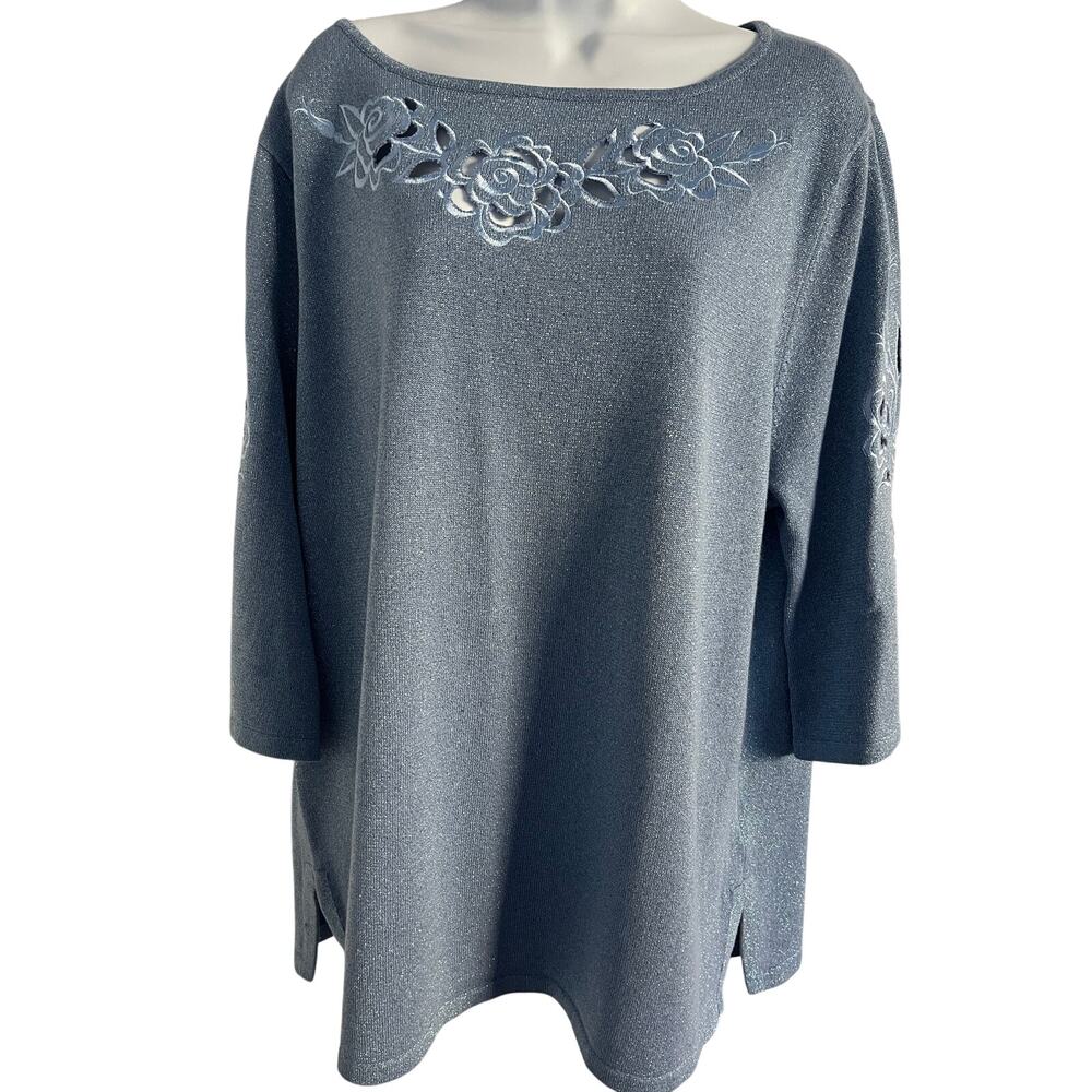 Bob Mackie Wearable Art knit tunic with floral cut-out embroidery 1X